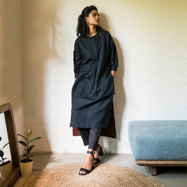 Upcycled Linen Oversized Tunic | Navy & Brown