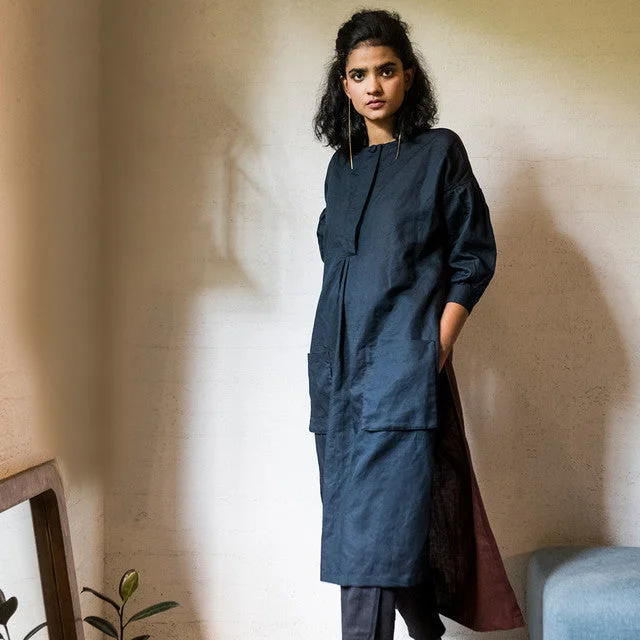 Upcycled Linen Oversized Tunic | Navy & Brown