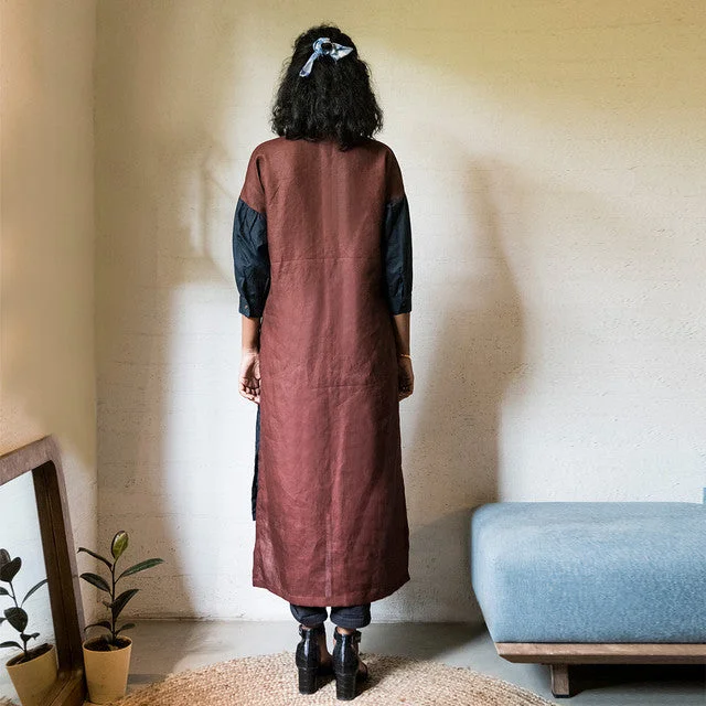 Upcycled Linen Oversized Tunic | Navy & Brown