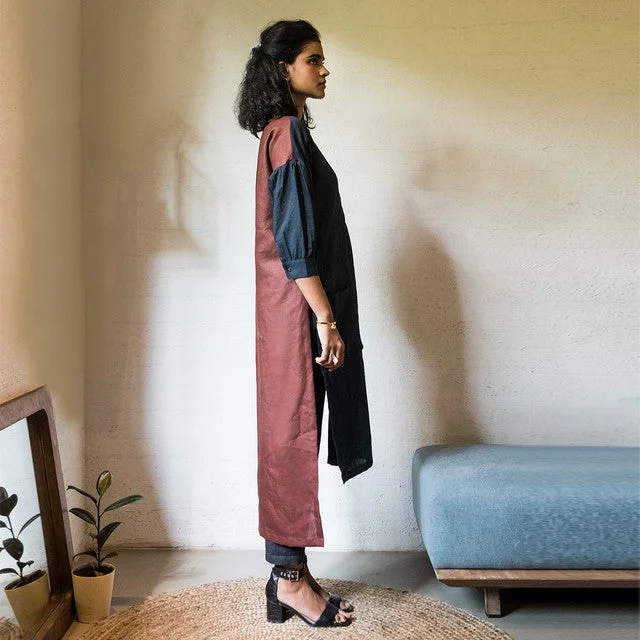 Upcycled Linen Oversized Tunic | Navy & Brown