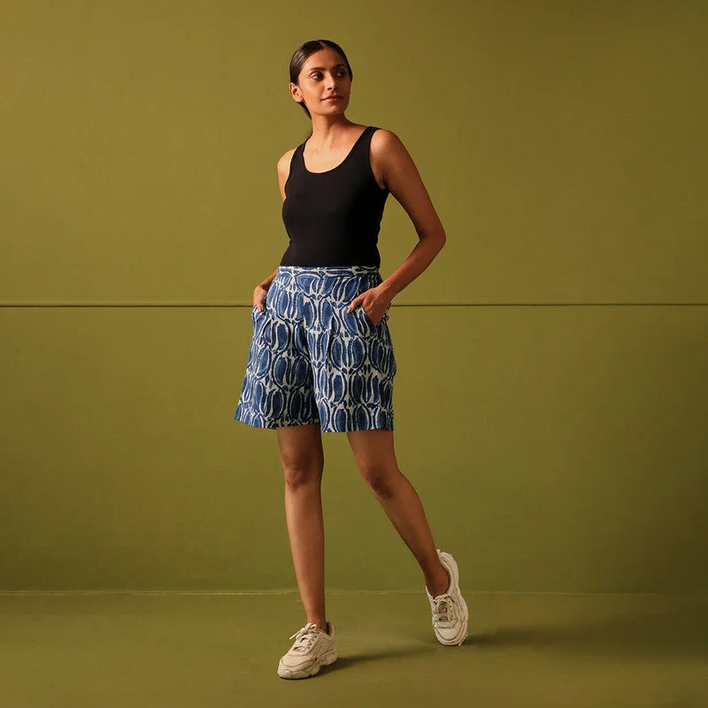 Pure Cotton Shorts | Mid Thigh | Printed | Indigo