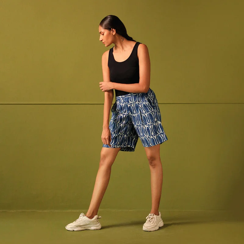 Pure Cotton Shorts | Mid Thigh | Printed | Indigo