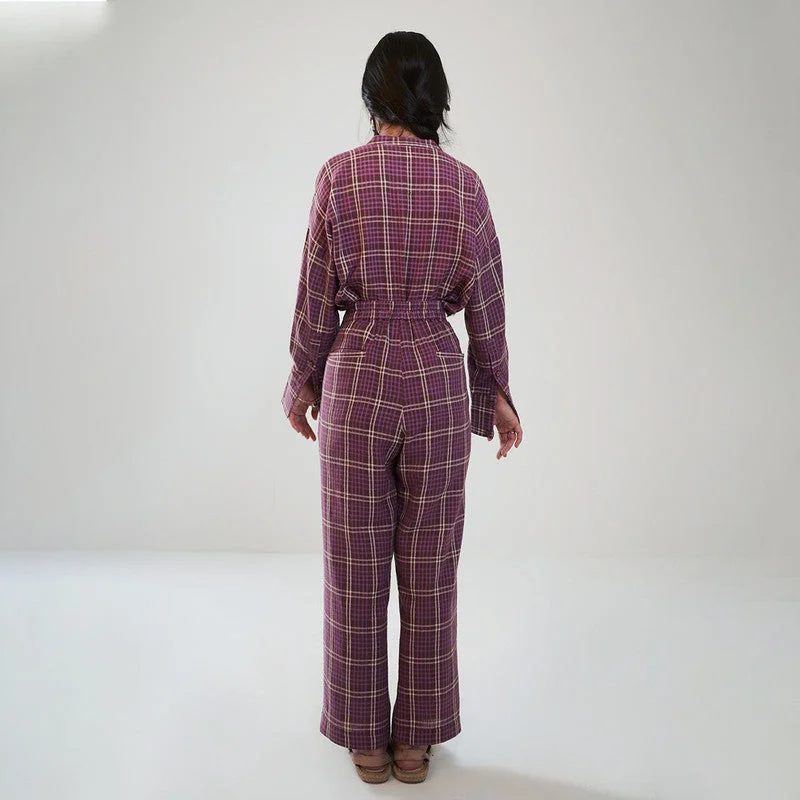 Organic Cotton Checkered Trousers | Straight Leg | Purple