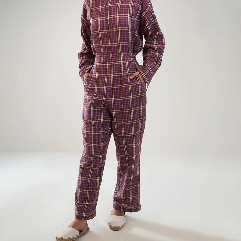 Organic Cotton Checkered Trousers | Straight Leg | Purple