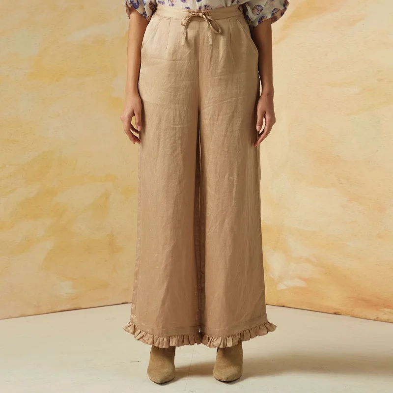 Beige Linen Satin Trousers with Frilled Hem