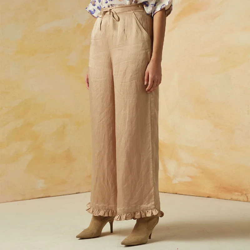 Beige Linen Satin Trousers with Frilled Hem