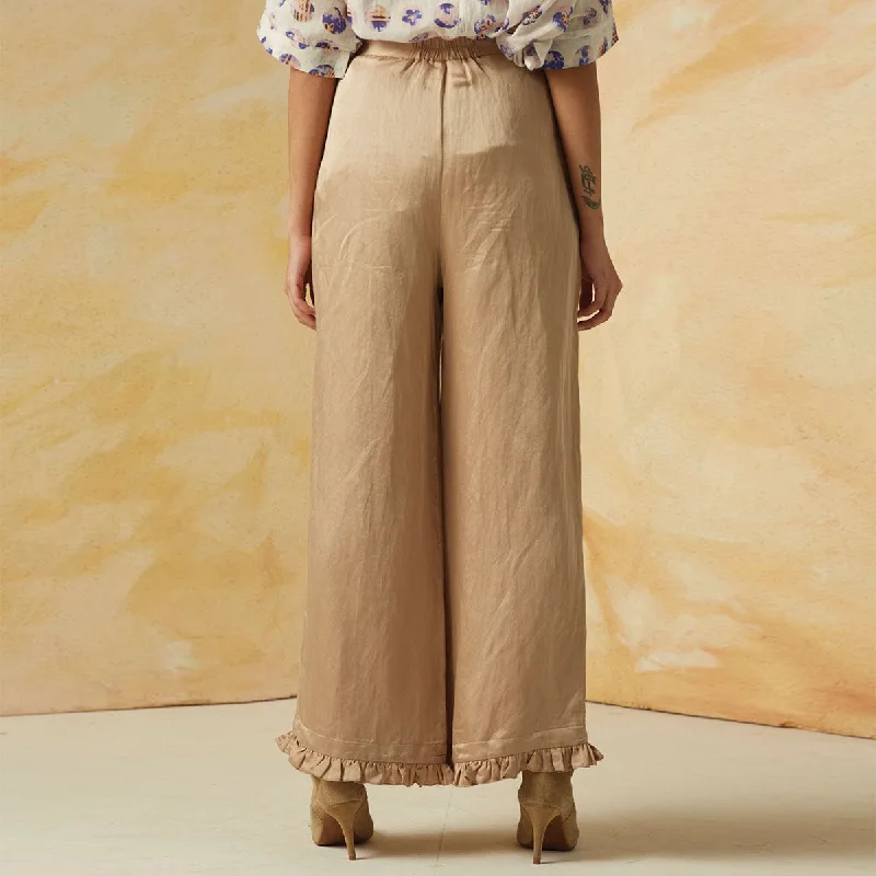 Beige Linen Satin Trousers with Frilled Hem