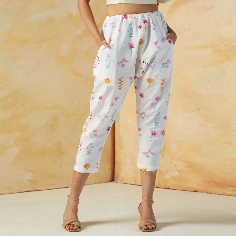 Cotton Linen Printed Trousers | White