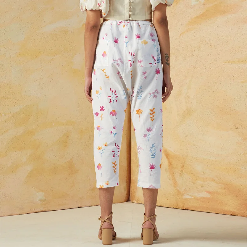 Cotton Linen Printed Trousers | White