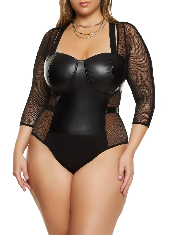 Plus Size Faux Leather Mesh Sleeve Bustier Bodysuit