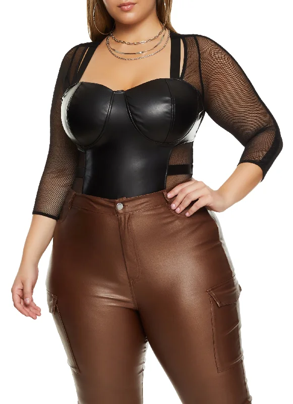 Plus Size Faux Leather Mesh Sleeve Bustier Bodysuit