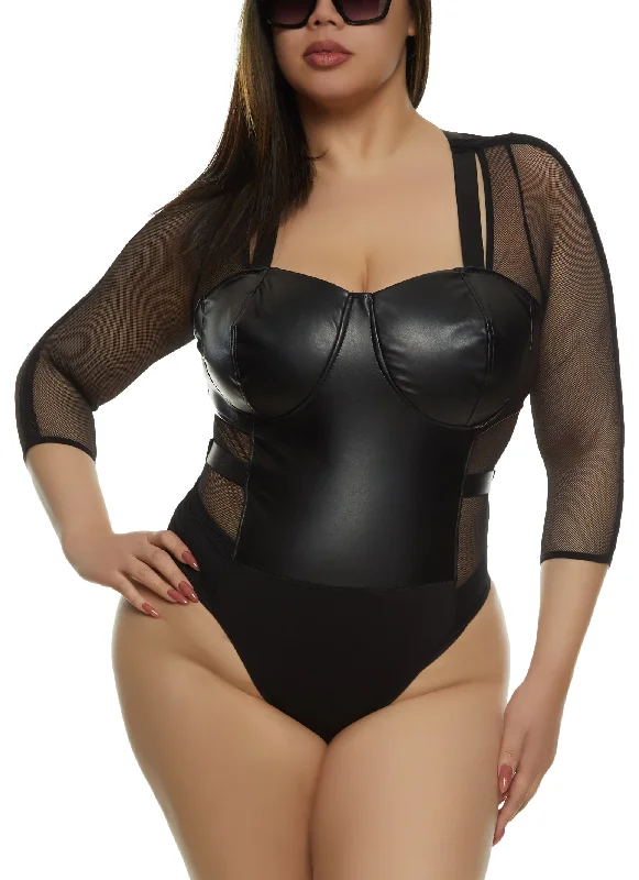 Plus Size Faux Leather Mesh Sleeve Keyhole Bustier Bodysuit