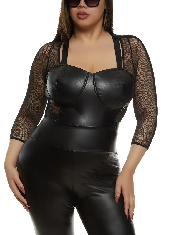 Plus Size Faux Leather Mesh Sleeve Keyhole Bustier Bodysuit