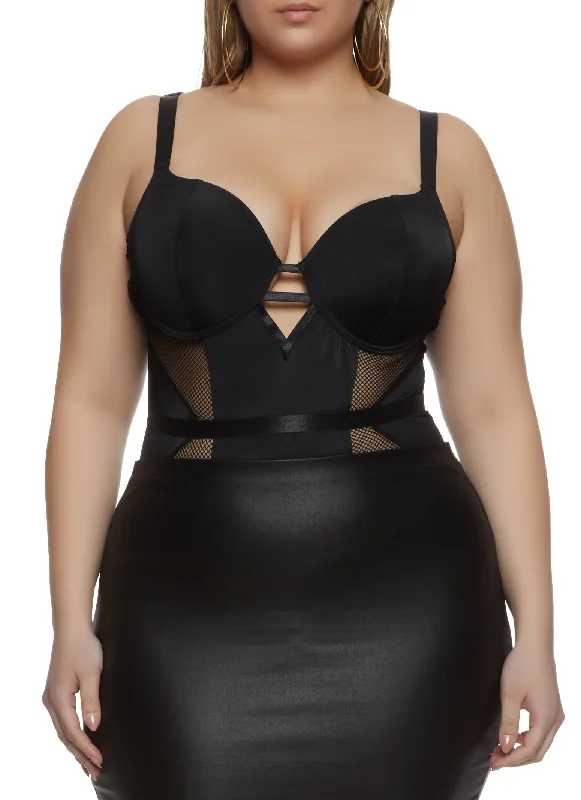 Plus Size Fishnet Insert Caged Detail Bustier Bodysuit