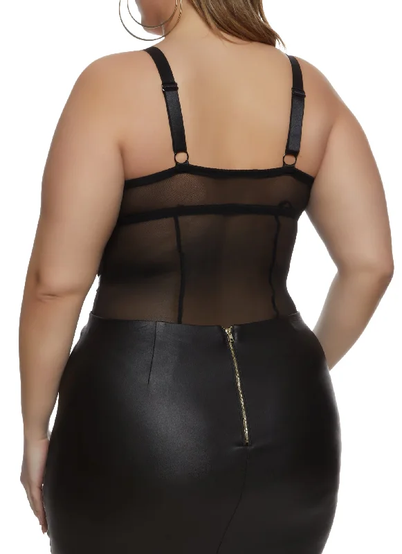 Plus Size Fishnet Insert Caged Detail Bustier Bodysuit