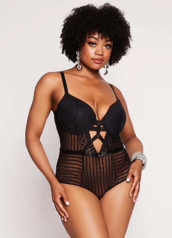 Plus Size Mesh Lace Bustier Bodysuit