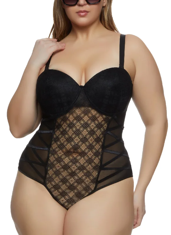 Plus Size Patterned Lace Caged Side Bustier Bodysuit