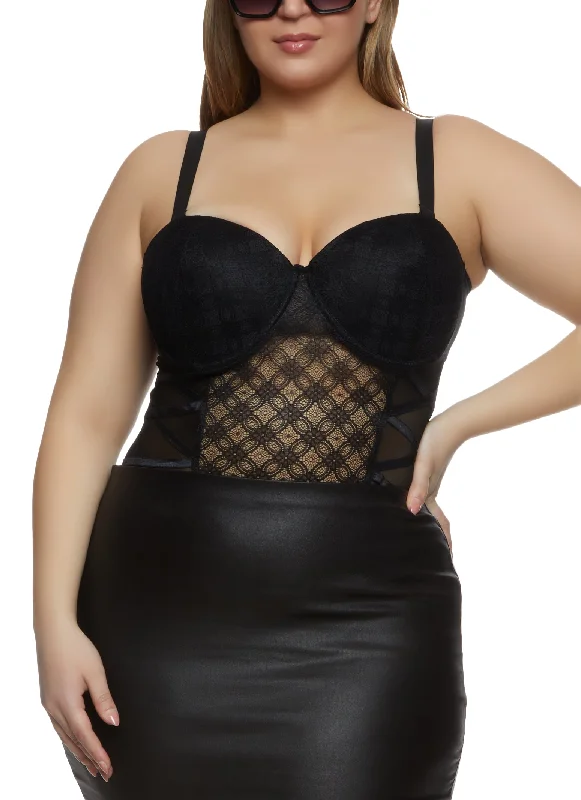 Plus Size Patterned Lace Caged Side Bustier Bodysuit