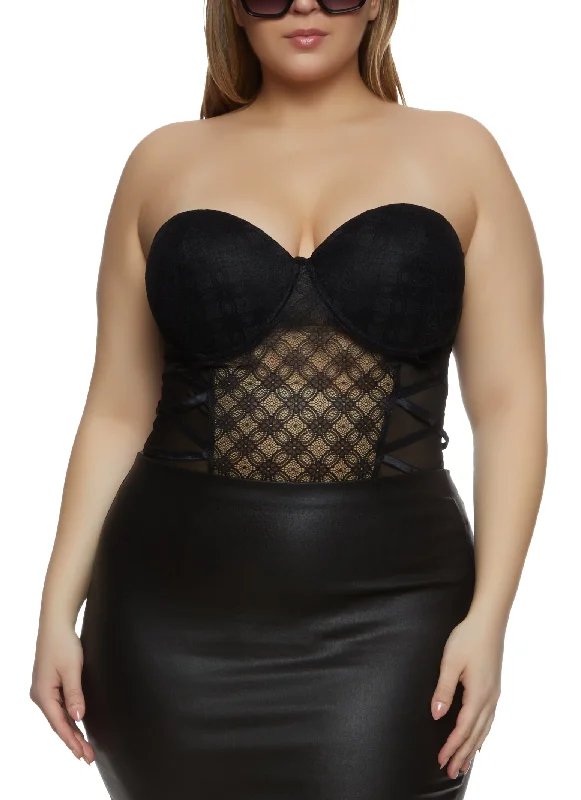 Plus Size Patterned Lace Caged Side Bustier Bodysuit