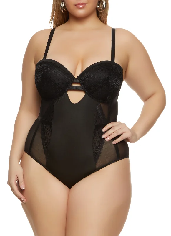 Plus Size Patterned Lace Detail Caged Bustier Bodysuit