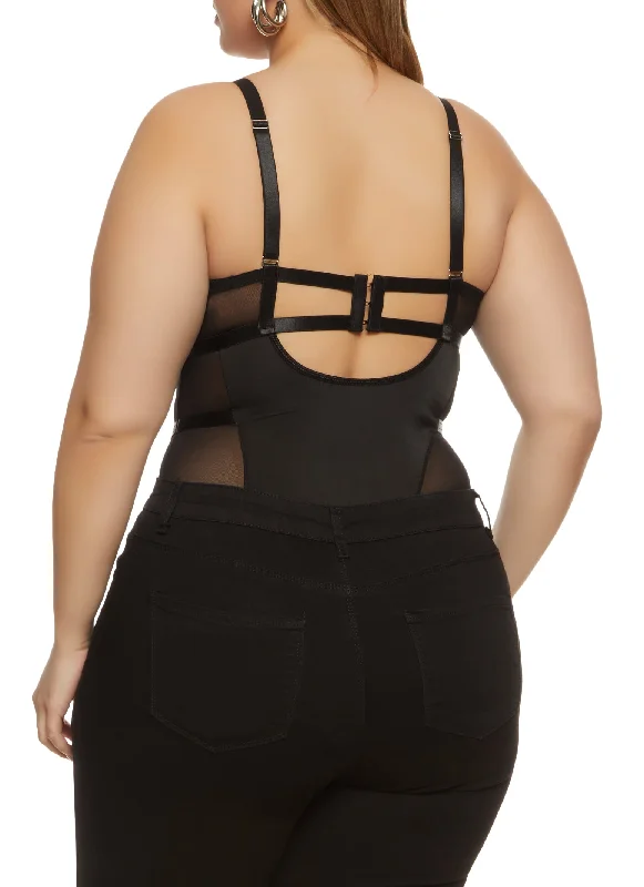 Plus Size Patterned Lace Detail Caged Bustier Bodysuit