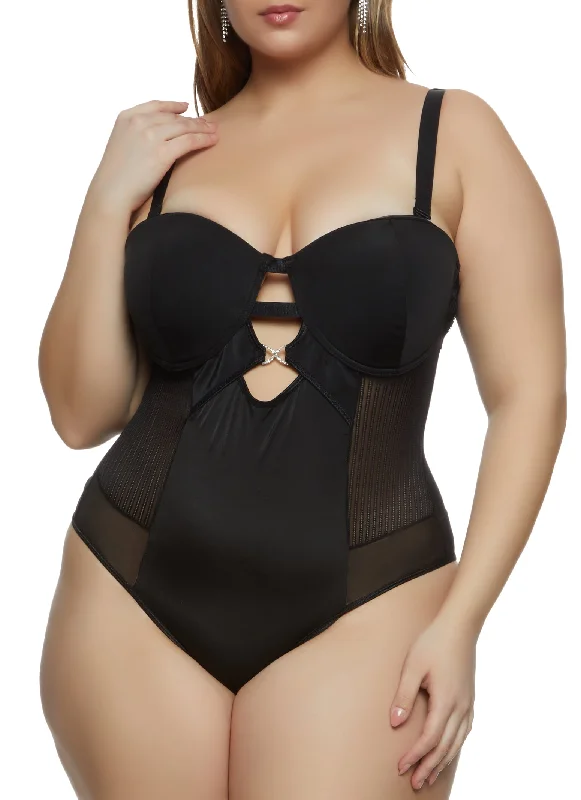 Plus Size Shadow Stripe Caged Detail Bustier Bodysuit