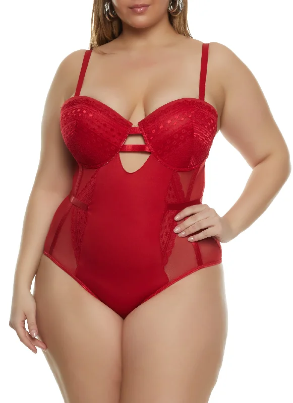 Plus Size Patterned Lace Detail Caged Bustier Bodysuit