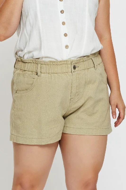 Beige Denim Shorts High Rise Paperbag