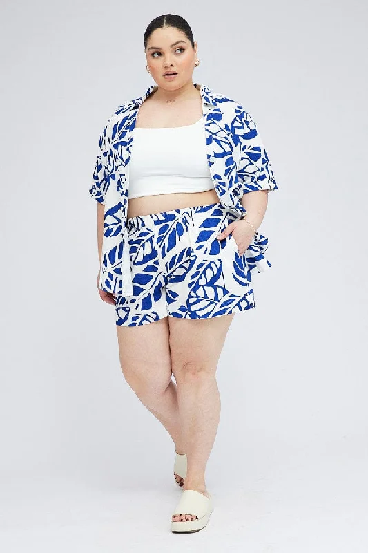 Blue Abstract Relaxed Shorts High Rise