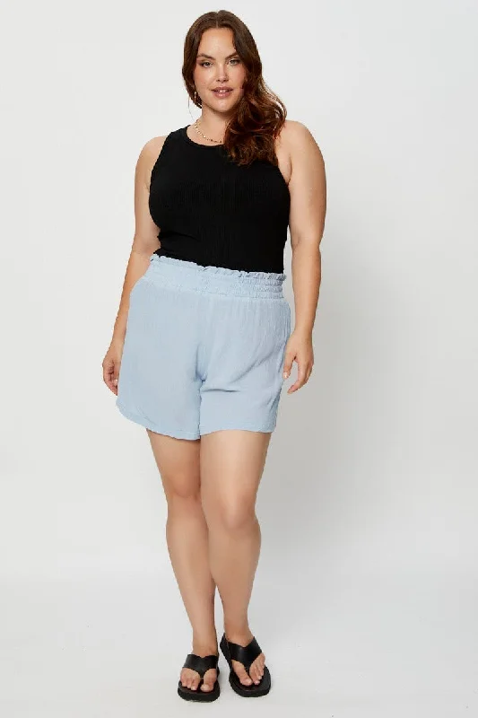 Blue Shorts High Rise Shirred Waist