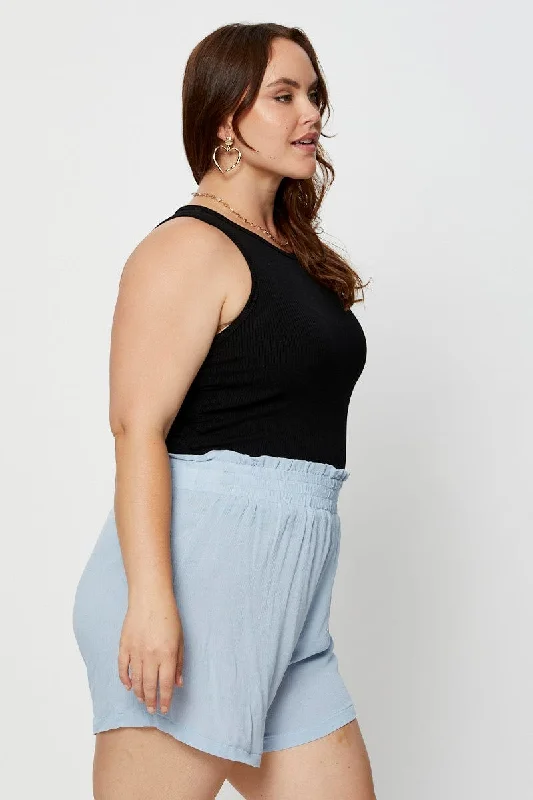 Blue Shorts High Rise Shirred Waist