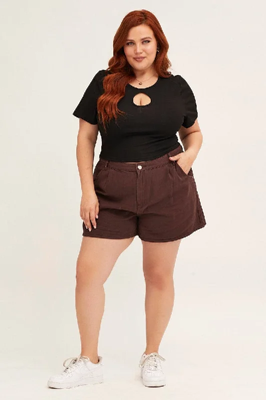 Brown Chocolate High Rise Pleats Relaxed Denim Shorts