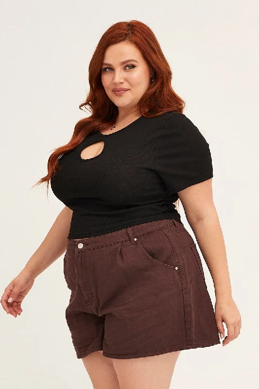 Brown Chocolate High Rise Pleats Relaxed Denim Shorts