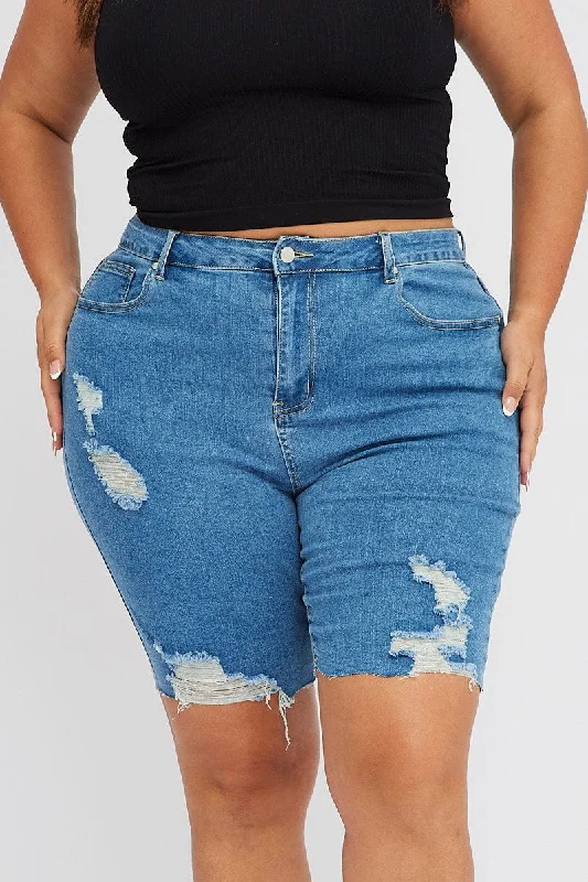 Denim Knee Length Shorts High Rise