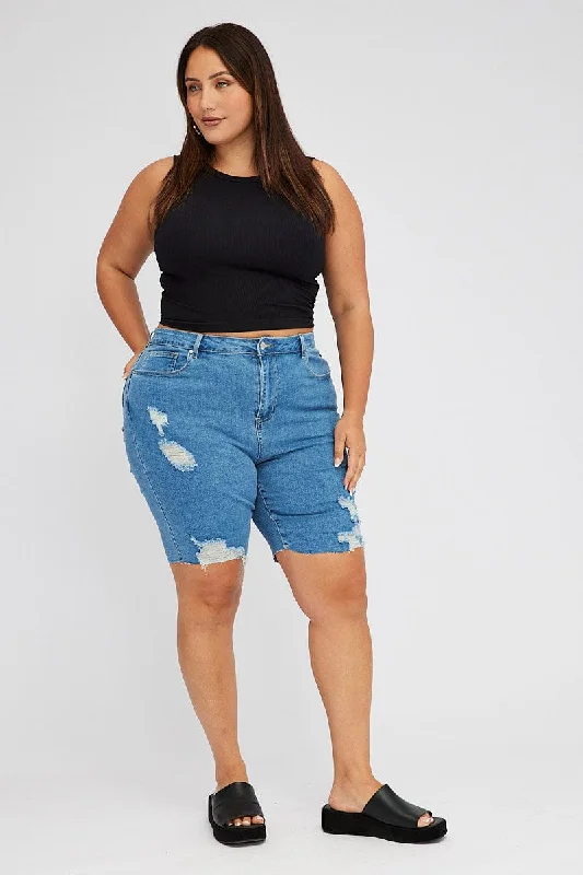 Denim Knee Length Shorts High Rise