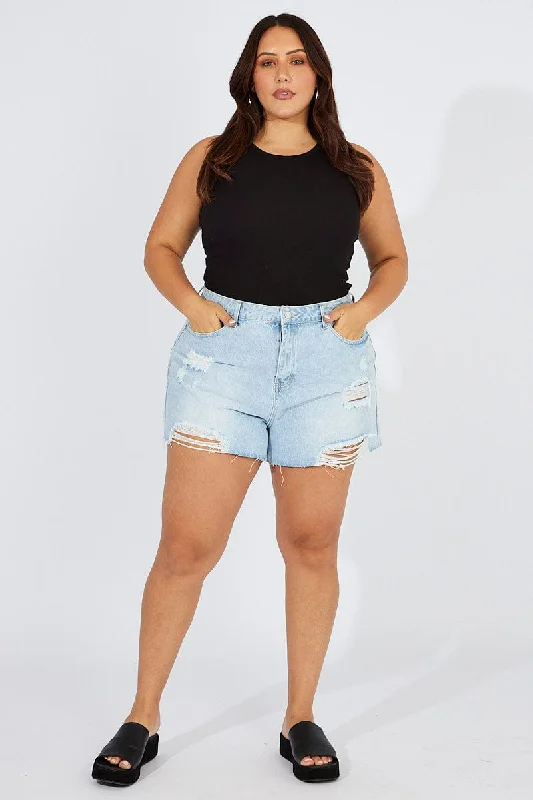 Denim Relaxed Shorts High Rise Distressed Hem