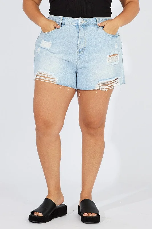 Denim Relaxed Shorts High Rise Distressed Hem