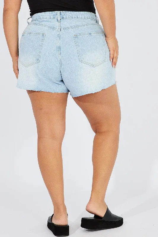 Denim Relaxed Shorts High Rise Distressed Hem