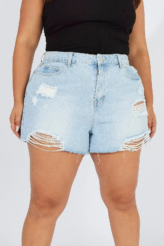 Denim Relaxed Shorts High Rise Distressed Hem