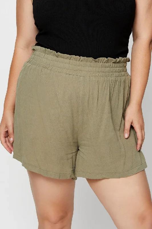 Green Shorts High Rise Shirred Waist