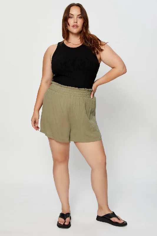 Green Shorts High Rise Shirred Waist