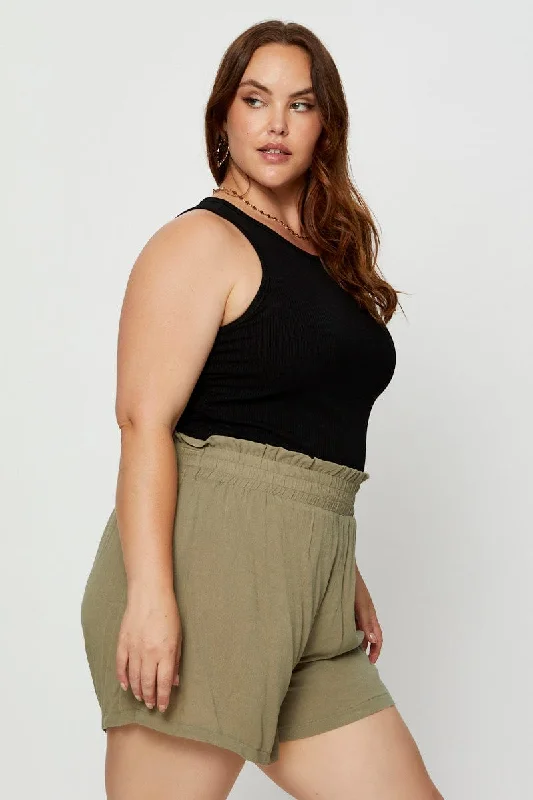 Green Shorts High Rise Shirred Waist