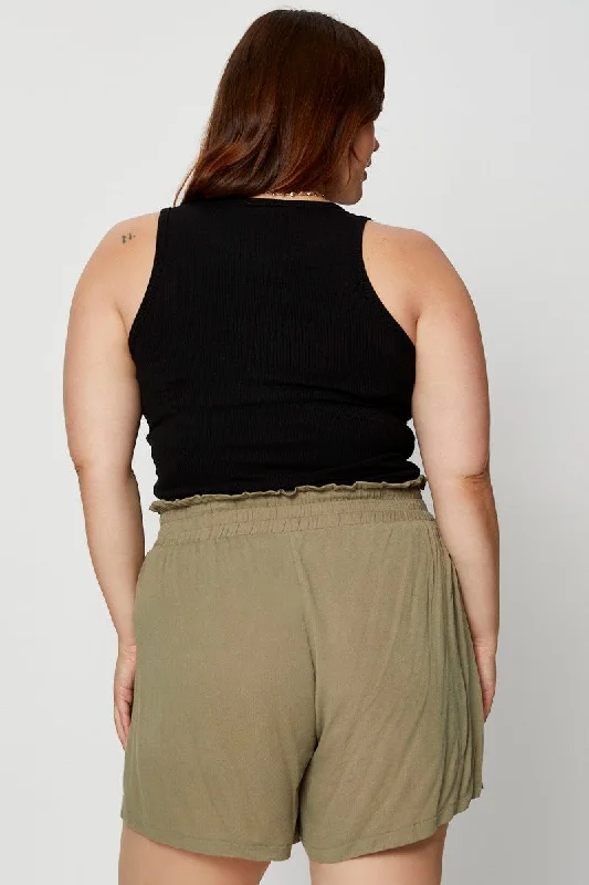 Green Shorts High Rise Shirred Waist