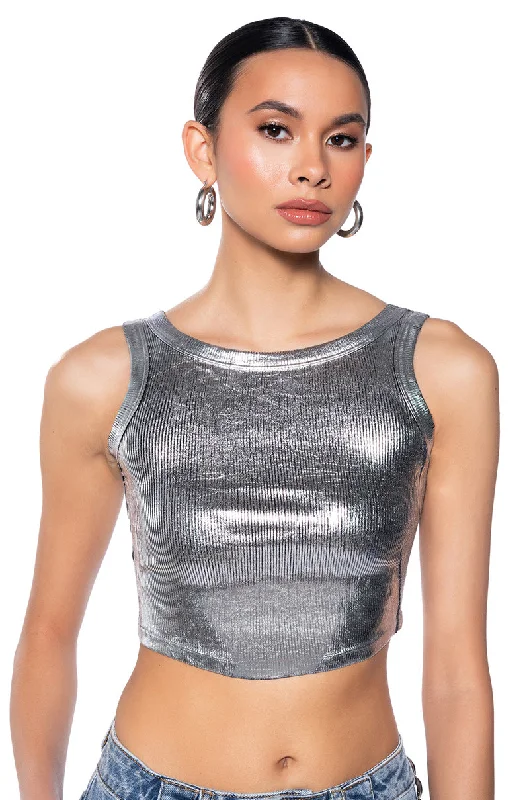 LEO SLEEVELESS CROPPED METALLIC TANK TOP