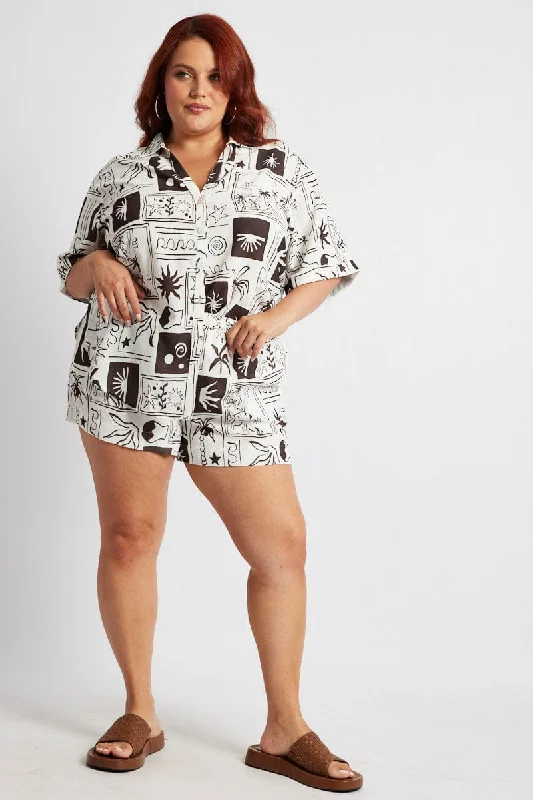 Multi Abstract Relaxed Shorts High Rise