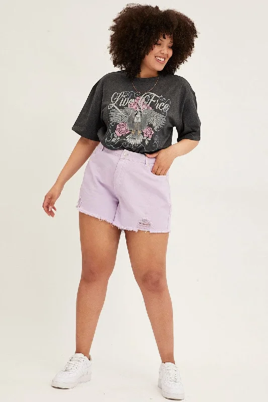 Purple Relaxed Denim Shorts High Rise