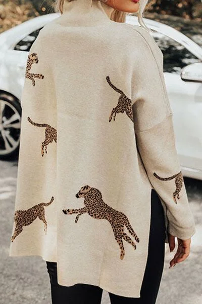 animal-pattern-mock-neck-long-sleeve-slit-sweater