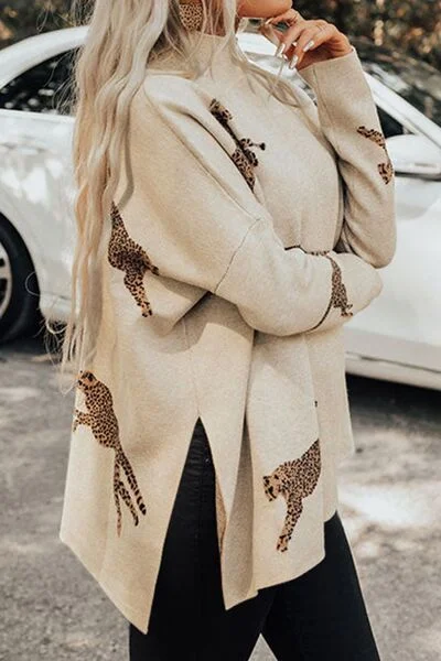 animal-pattern-mock-neck-long-sleeve-slit-sweater