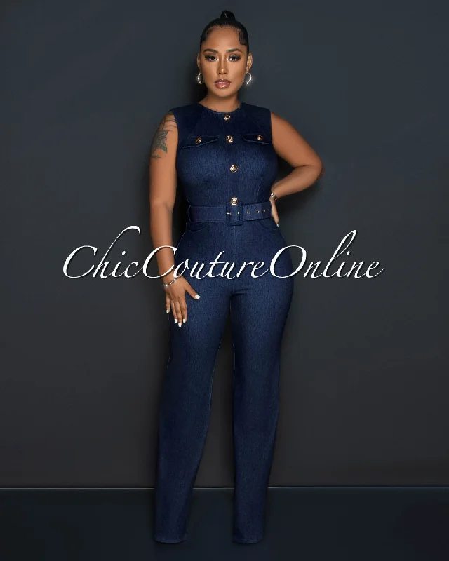 Barlow Dark Denim Gold Buttons Belted Jumpsuit