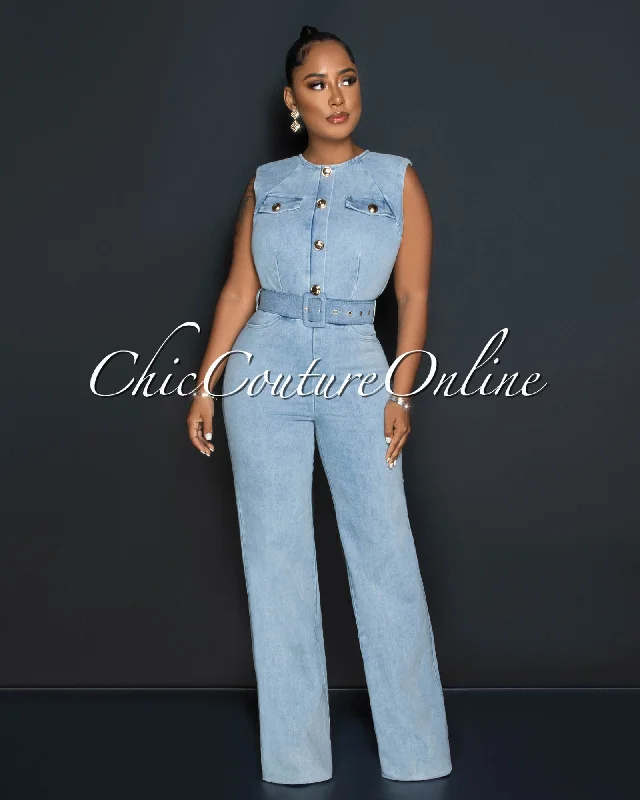 Barlow Light Denim Gold Buttons Belted Jumpsuit